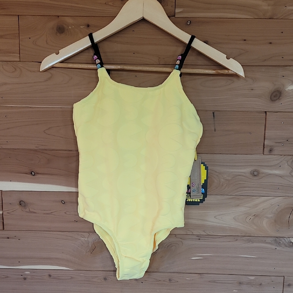 Justice Yellow Pac-Man Swimsuit, Size M (10), Size S (7/8), Adjustable, Soft